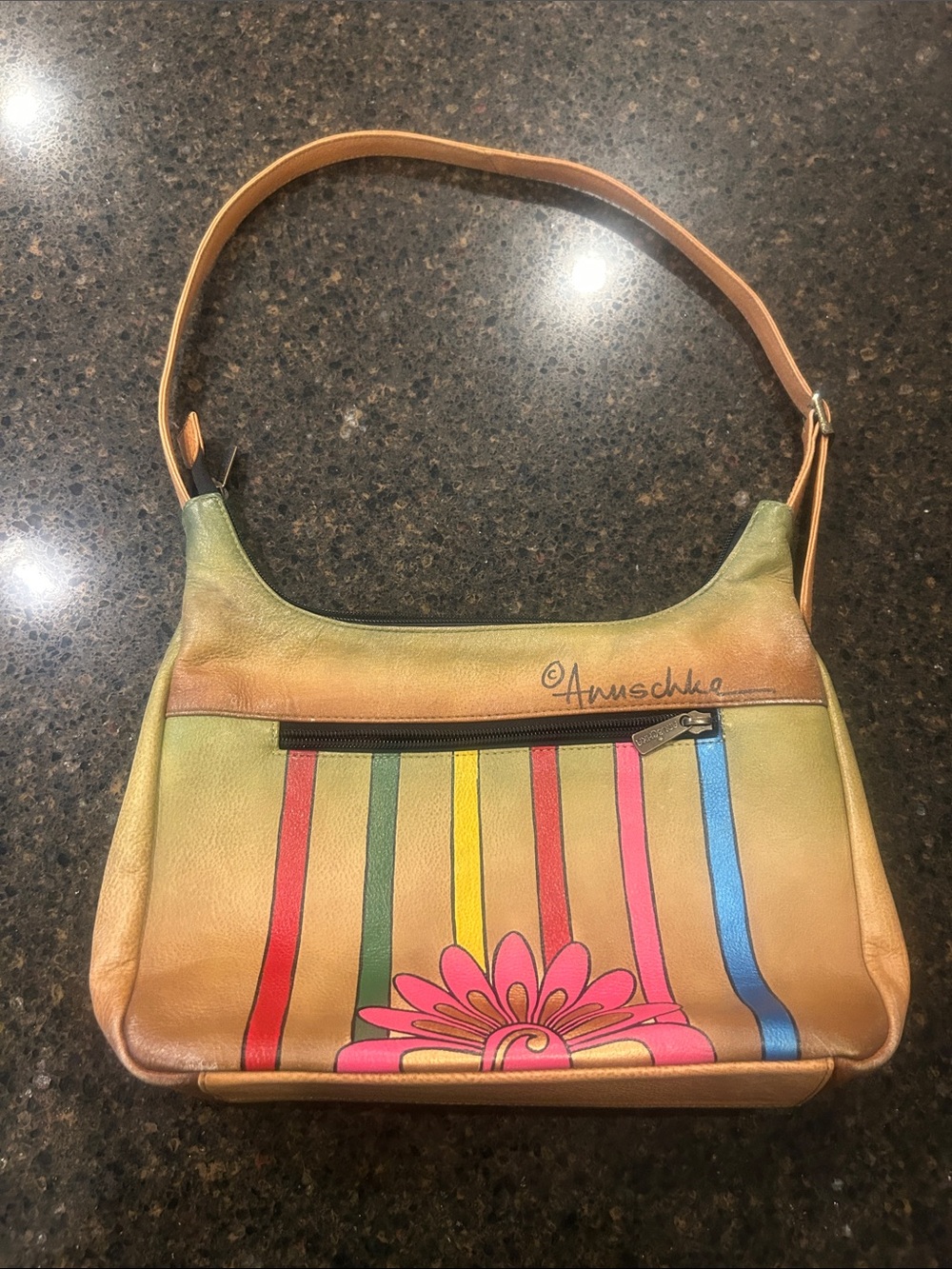 NWOT Anuschka Tan Leather Shoulder Bag with Multicolor Stripes and Pink Floral